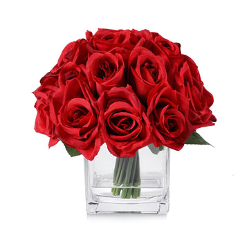 18 Heads Artificial Rose Flowers in Vase, Fake Rose Floral Arrangement in Vase with Fake Water for Dining Table