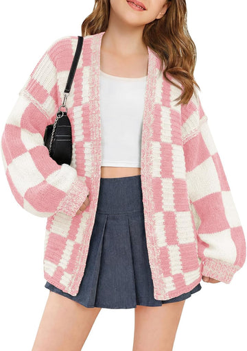 Girls Checkered Cardigan Sweater Open Front Knit Sweaters