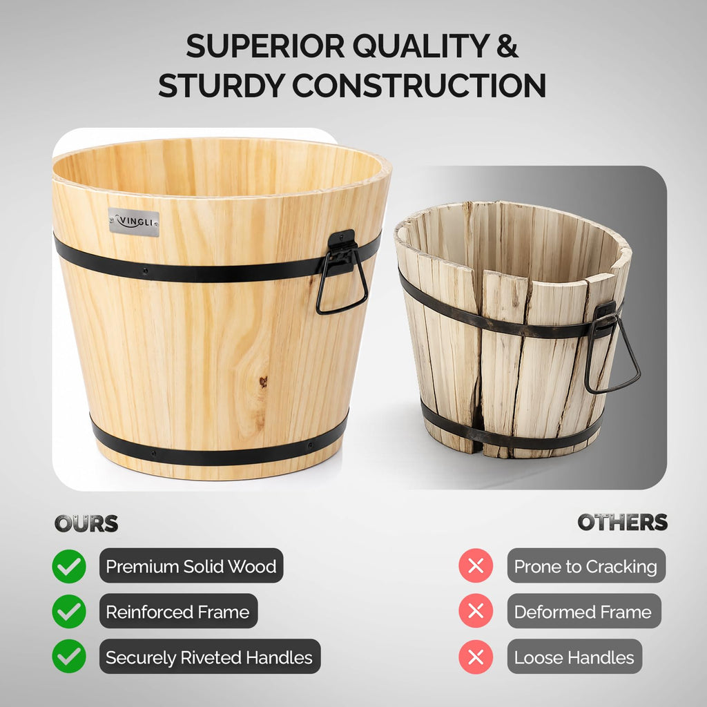 3 PCS Large Wooden Planter Barrel Set, 11.5"(Dia)- 18"(Dia), Real Wood Flower Pot with Drainage Holes, Different