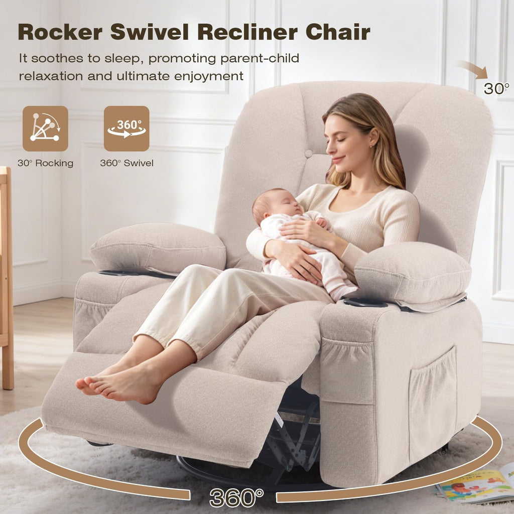 Rocking Recliner Chair with Massage Heat, Beige | Overstuffed Rocker Swivel Glider Sofa, Manul, Fabric, Living Room