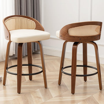 24.8" Swivel Rattan Bar Stools with Back Beige Counter Height Stools 2PCS