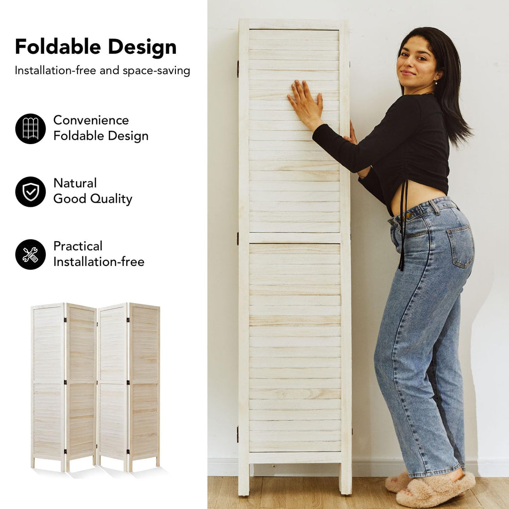 White Room Divider, Temporary Wall with Double Hinges, 5.6 Ft Tall Folding Louver Wood Screen Bedroom Hotel