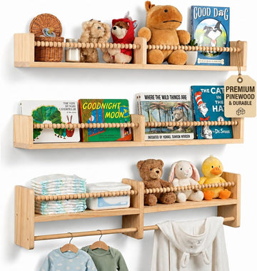 Nursery Shelves for Wall, Set of Premium Solid Pine Nursery Bookshelf with Hanging Rod, Rounded Edges, Wall