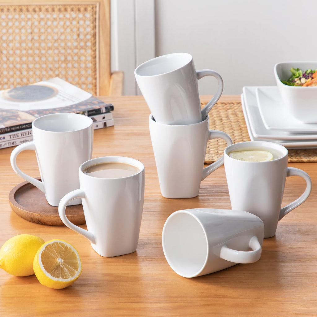 Soho Dinnerware Sets 24 Pieces, White Stoneware Square Place Setting, Dinner Plate, Dessert Plate, Cups and Plates
