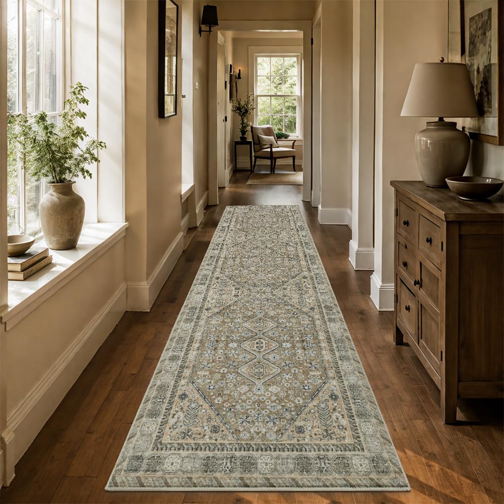 2'x8' Beige Brown Runner Rug, Washable Carpet