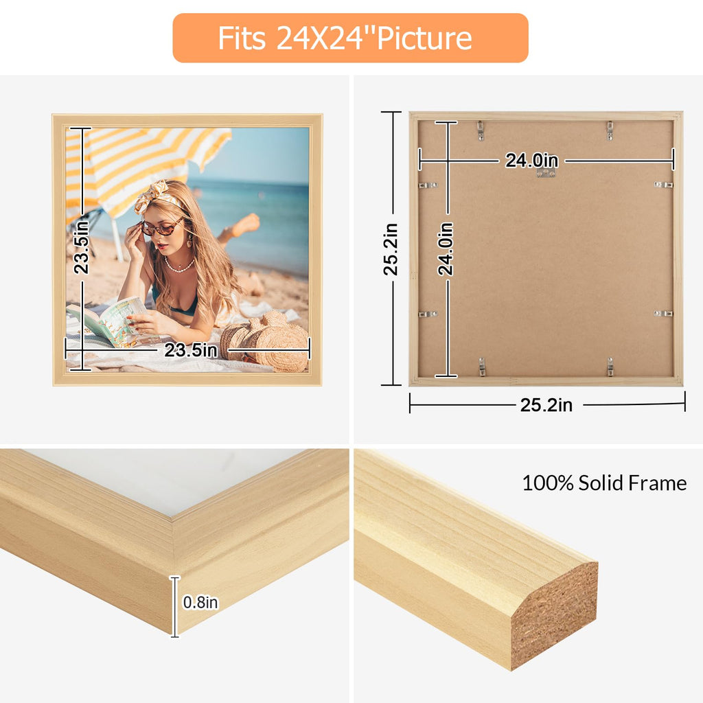 24x24 Wood Frame, Rustic Natural Wooden 24x24in Poster Picture Frame, Modern Beige Woodgrain 24 x 24inch Gallery Wall