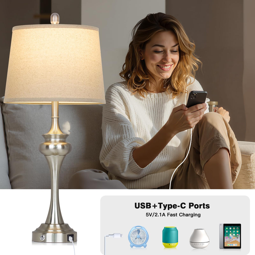 30" Silver Table Lamps Set of 2, 3 Way Touch Control Living Room Lamp with USB A+C Ports, Modern Brushed Nickel