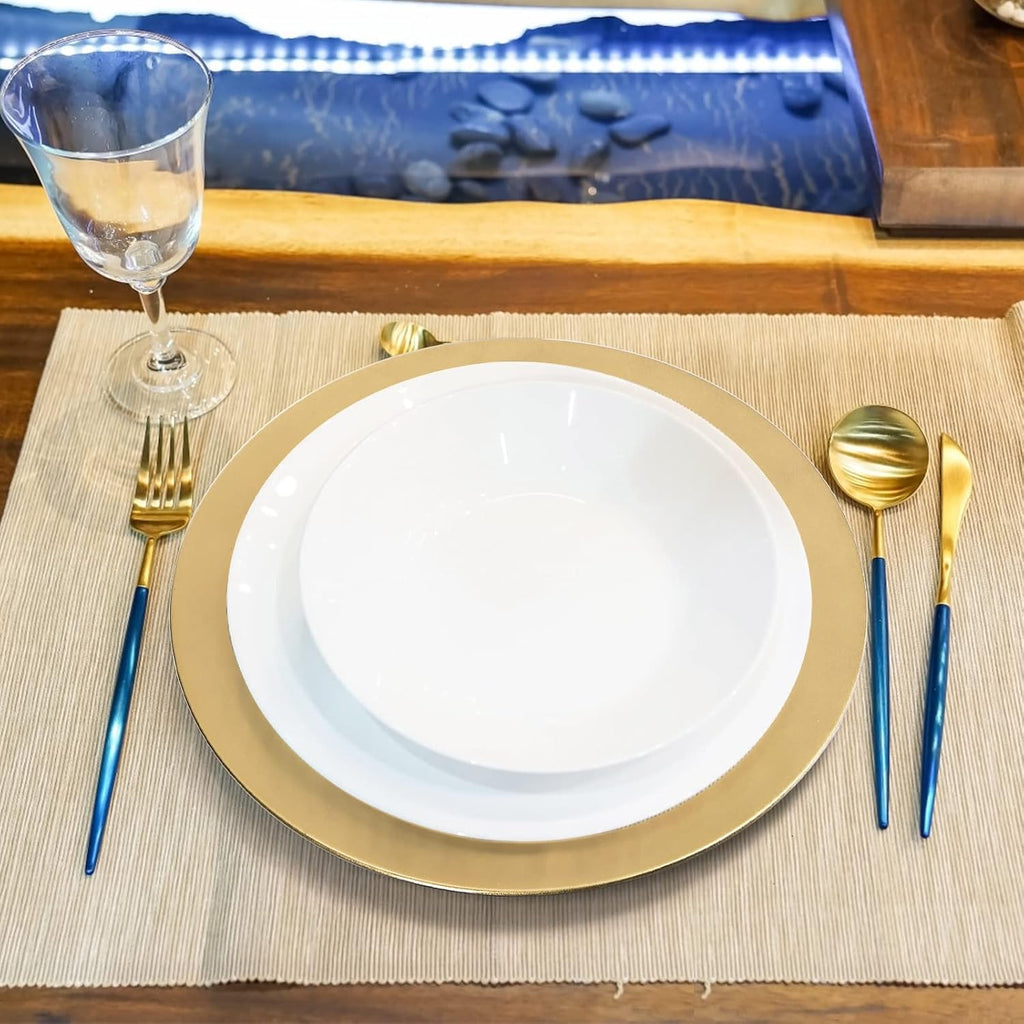 Gold Charger Plates, 13 Inch Plastic Round Dinner Charger Plates for Wedding Party, Elegant Tabletop Decor - Set of 12