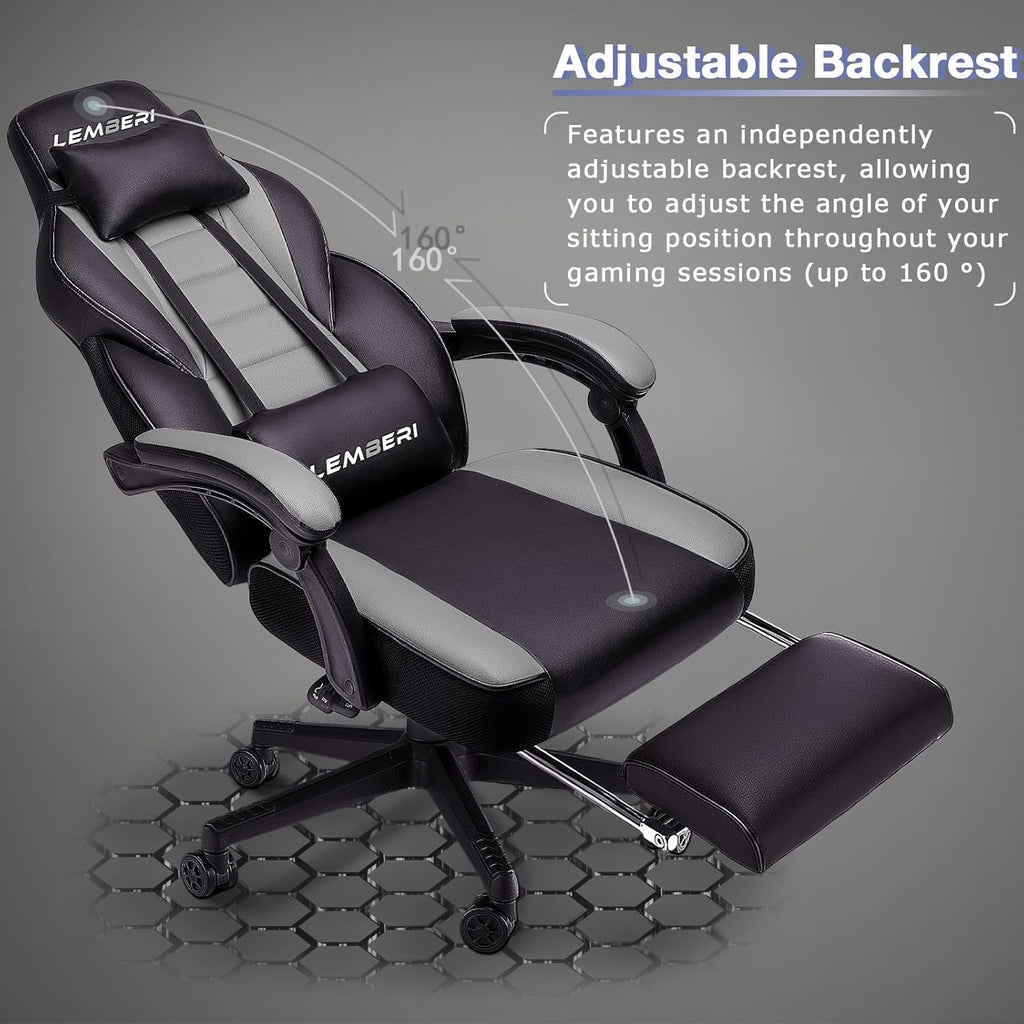 Ergonomic Gaming Chair with Footrest, 400lb Weight Capacity, Gray | Big and tall racing style computer video game