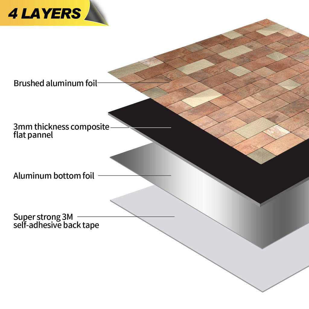 Peel and Stick Backsplash Tile, Stick on Stainless Steel Backsplash Metal Tiles Walls in Copper (12''x12'',10 Sheets)