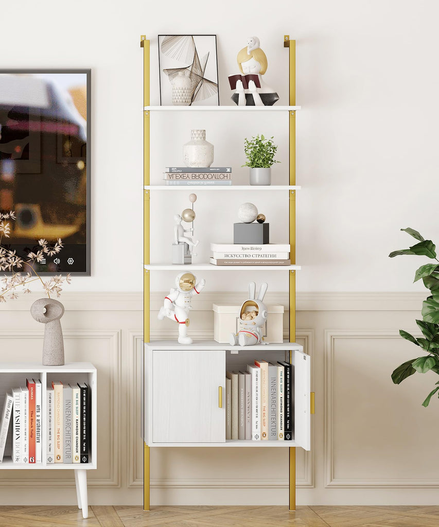 73" Tall Bookshelf with Cabinet, Industrial Ladder Wall Mount Shelf Bookcase with Wood and Metal Frame, Plant Shelf