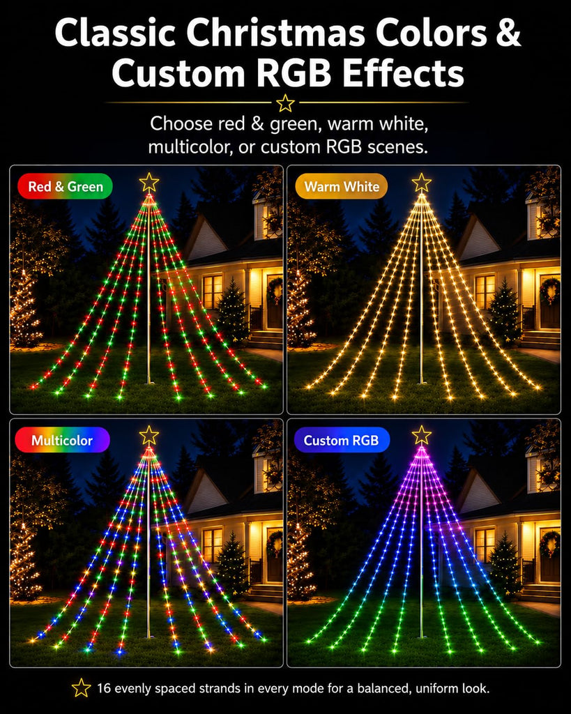 12FT Smart Outdoor Christmas Tree Lights with Sturdy Iron Pole