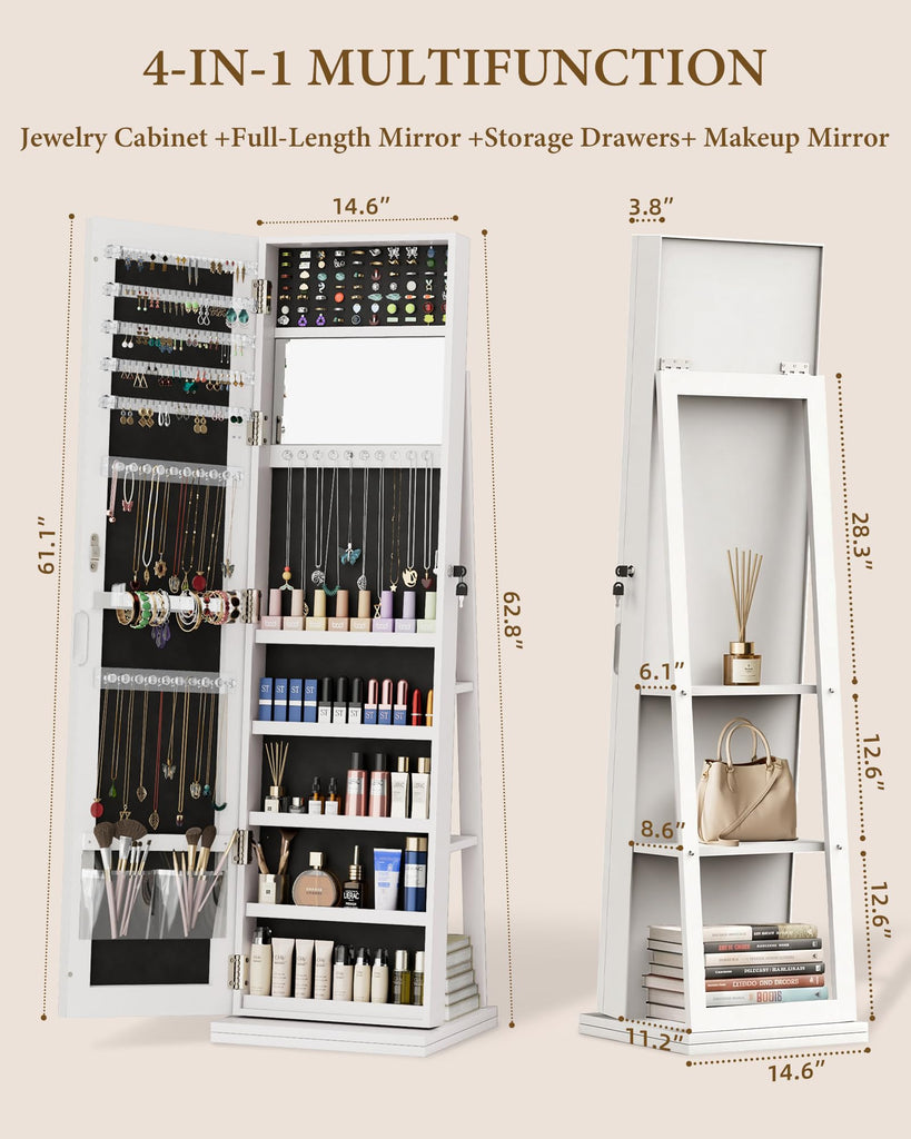 360° Swivel Jewelry Cabinet with Full-Length Mirror, Lockable, White