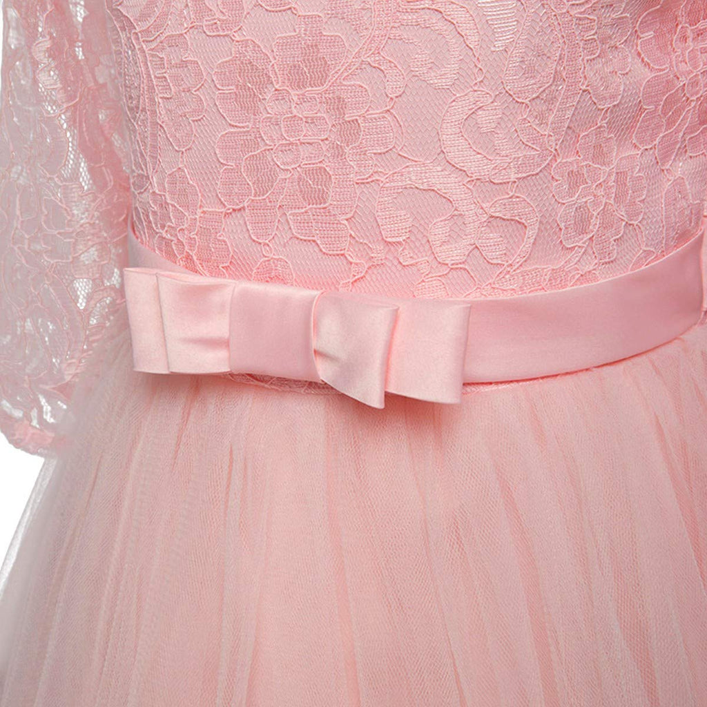 Flower Girls 3/4 Sleeve Tulle Lace First Communion Dress Birthday Christening Pageant Wedding Party Ball Gown Pink