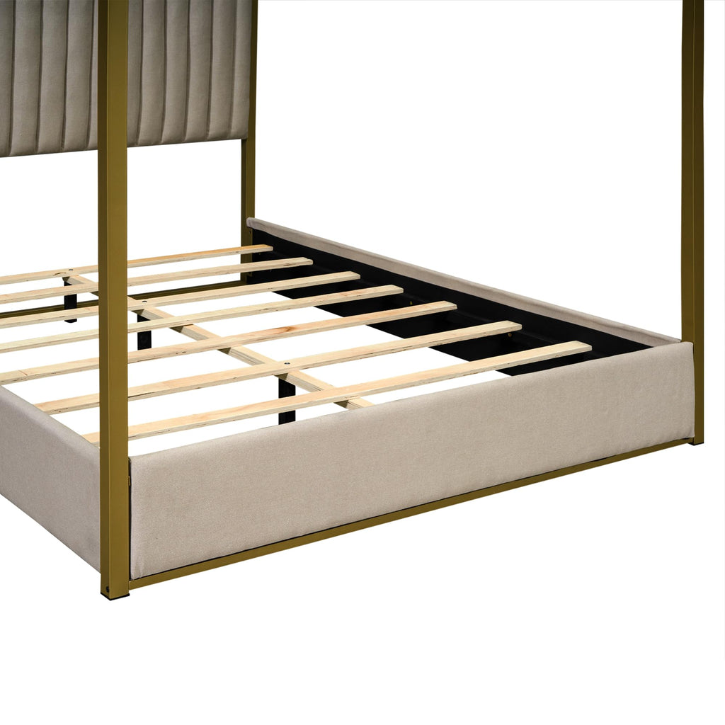 Modern 4-Poster Canopy Platform Bed Queen Size with Channel Upholstery Tufted Headboard, Gold Metal Canopied Design