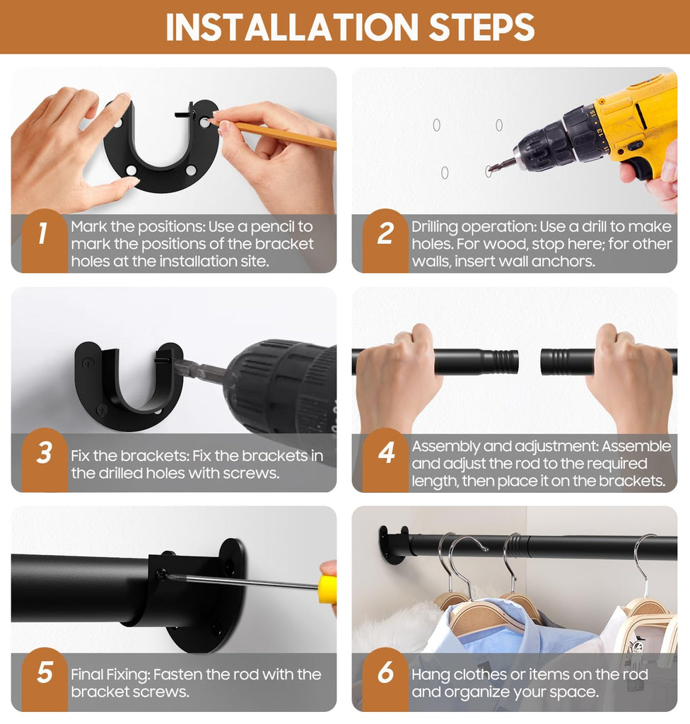 Closet Rods for Hanging Clothes, 16 to 74 Inch Stepless Adjustable Closet Rod, 1.3 Inch Heavy Duty Closet Hanging Rod