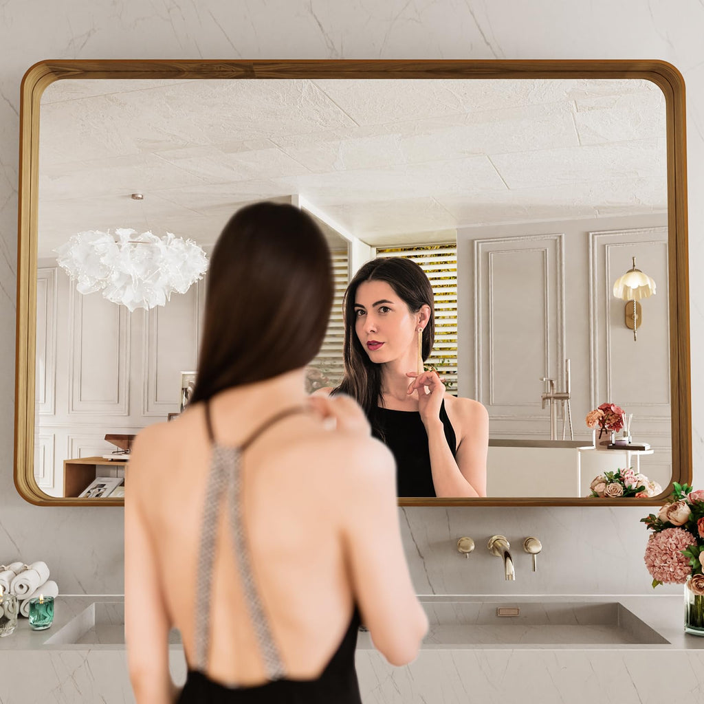 48X30 Inch Bathroom Mirror with Wood Grain Colored Metal Frame
