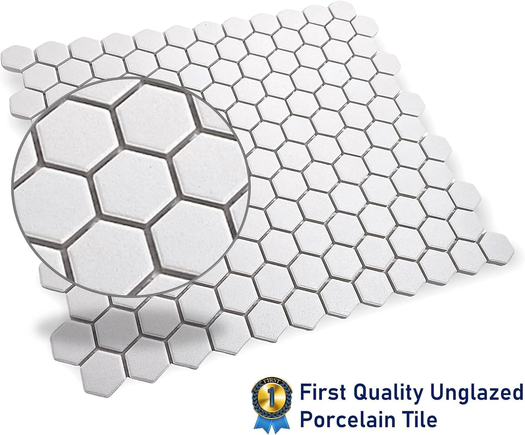TDPW-UNSW1-410 Super White Porcelain 7/8 Inch Hexagon Unglazed Matte Finish 1x1 Mosaic Floor Wall Tile Shower