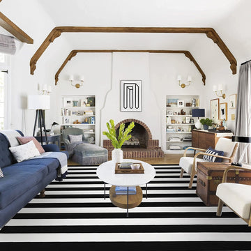 Cotton Black and White Striped Rug 8x10 Reversible Hand-Woven Washable Retro Lattice Striped Outdoor Rugs Black and