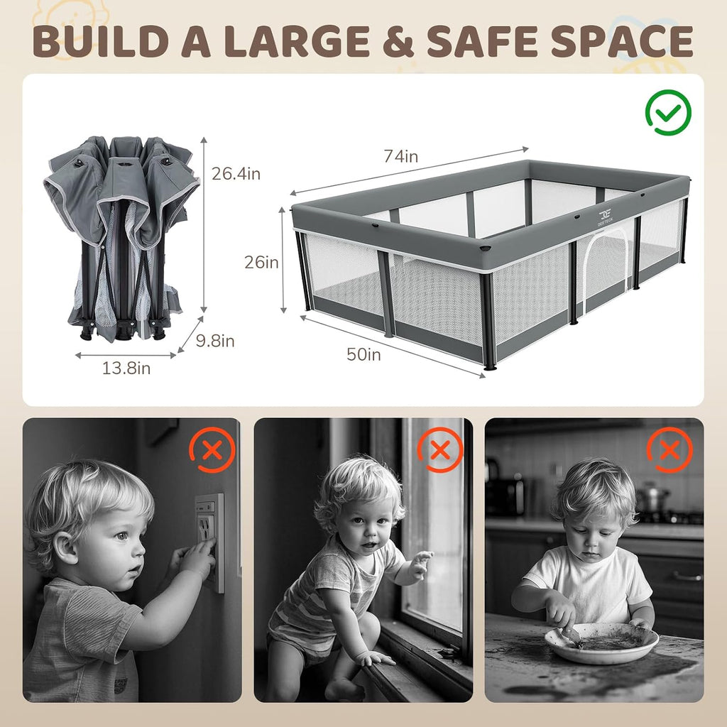 74x50 Foldable Baby Playpen with Mat - Portable Outdoor Play Yard, Grey | Portable Play Pen for Toddlers 1-3, Storage