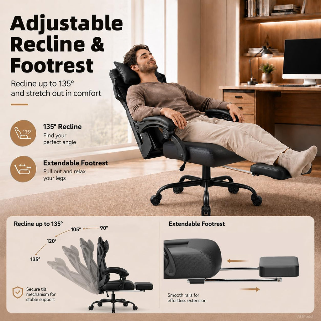 Gaming Chair, Computer Chair with Mesh Back, Ergonomic Gaming Chair with Footrest, Reclining Gamer Chair with