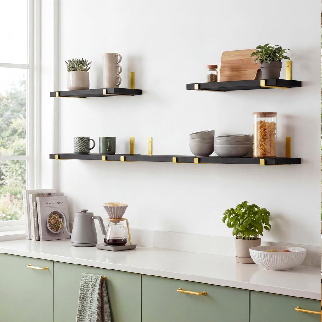 Width 4.75 Inches Floating Wall Shelves, Set of 5, Black Gold