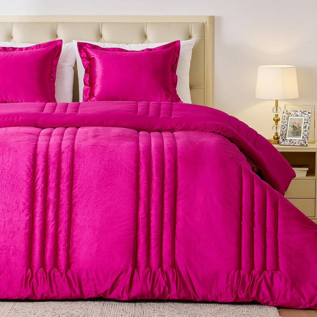 Luxury Pink Velvet Bedding Comforter Set 3 Pieces