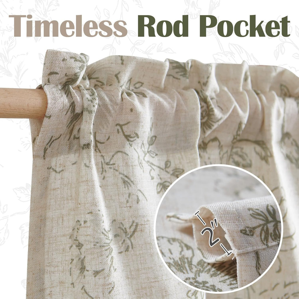 Linen Valance Curtain Farmhouse Sage Green Floral Window Valance, 16 Inch French Country Flower Drapes for Kitchen