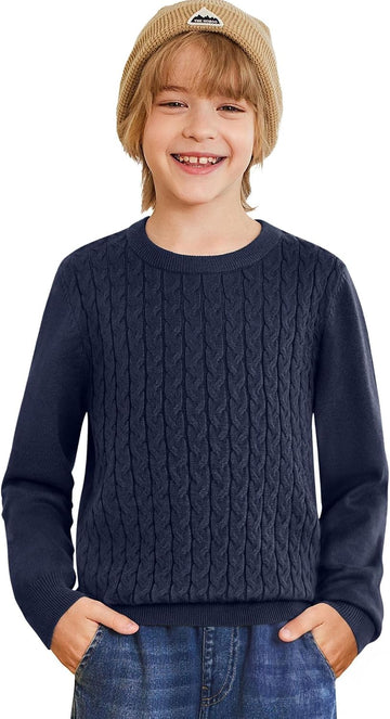 Boys Sweater Long Sleeve Cable Knit Crewneck Pullover Winter Tops