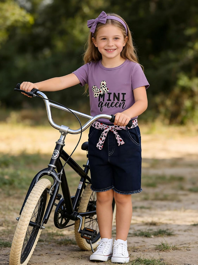 Kids Toddler Girls Summer Clothes Leopard Butterfly Print T-Shirt + Belted Denim Jeans Shorts 3PCS Outfits