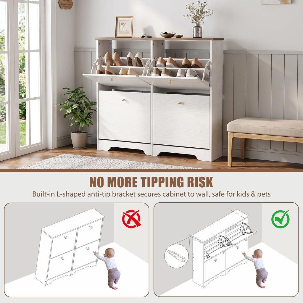 Shoe Cabinet, 4 Flip Drawers Slim White with Walnut Top Entryway