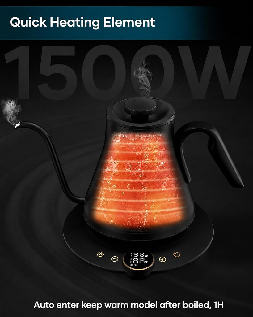 Gooseneck Electric Kettle with ±1°F Temperature Control 0.9 Liter | 1500W Quick Heating, Stainless Steel Inner, Pour