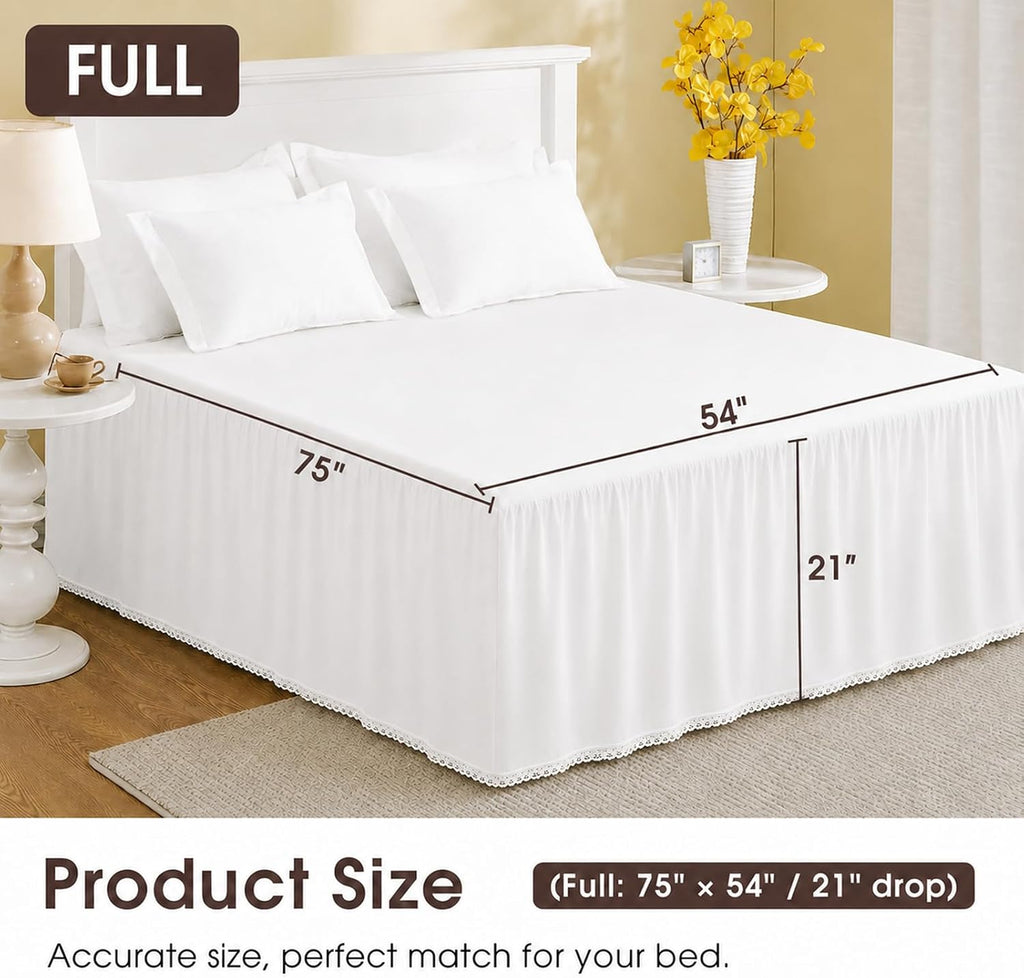 White Bed Skirt Full, 21-Inch Drop, 100% Cotton, Split Corners | Crochet trim dust ruffle in lightweight cotton;