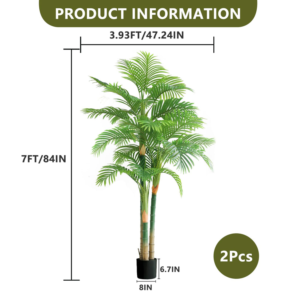 7FT Fake Palm Trees 2pcs, Artificial Golden Cane Palm Tree 84IN, Green Large Tropical Palm Fake Plant in Pot for