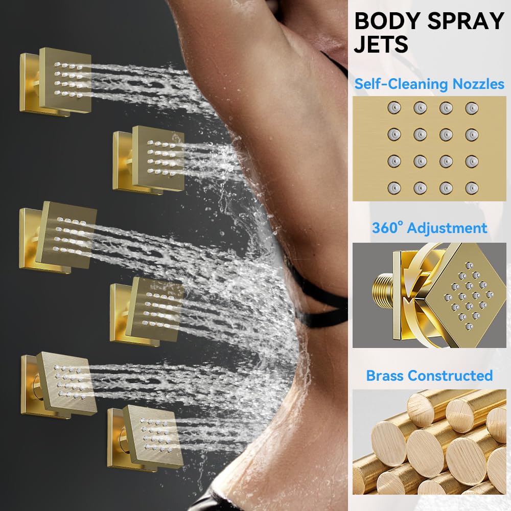 Brushed Gold Shower System with Body Jets, 12 Inch Rainfall Shower System and 2 in 1 Handheld Spray Shower Jets