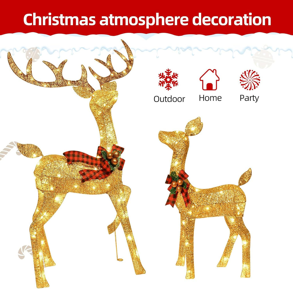 3-Piece Large Deer Family - Lighted Christmas 3D Reindeer Outdoor Yard Decoration Set w/ 210 LED Lights, Stakes, Zip