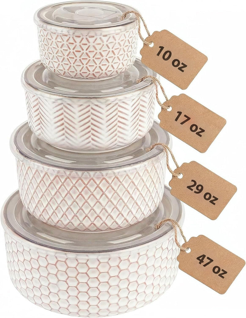 Serving Bowls, with Lids, Ceramic Nesting Bowls, Set of 4, Embossed, Kitchen, Prep, Stackable, Gift, Microwave and