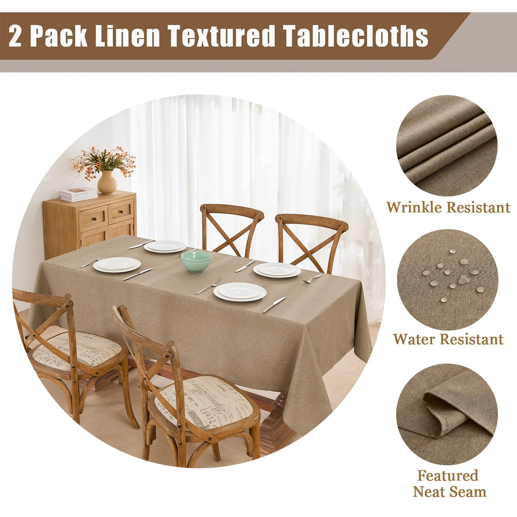 Faux Linen Tablecloths for Rectangle Tables, 2 Pack Burlap Textured Table Cloths Washable Farmhouse Table Cover Water