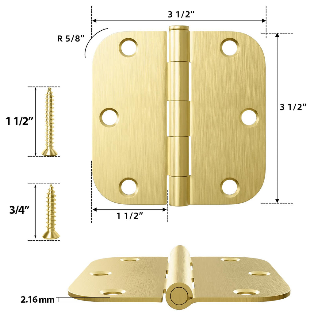 30 Pack Door Hinges Satin Brass 3.5 x 3.5 Inch Interior Door Hinge with 5/8" Radius Brushed Brass Door Hinges 3 1/2"