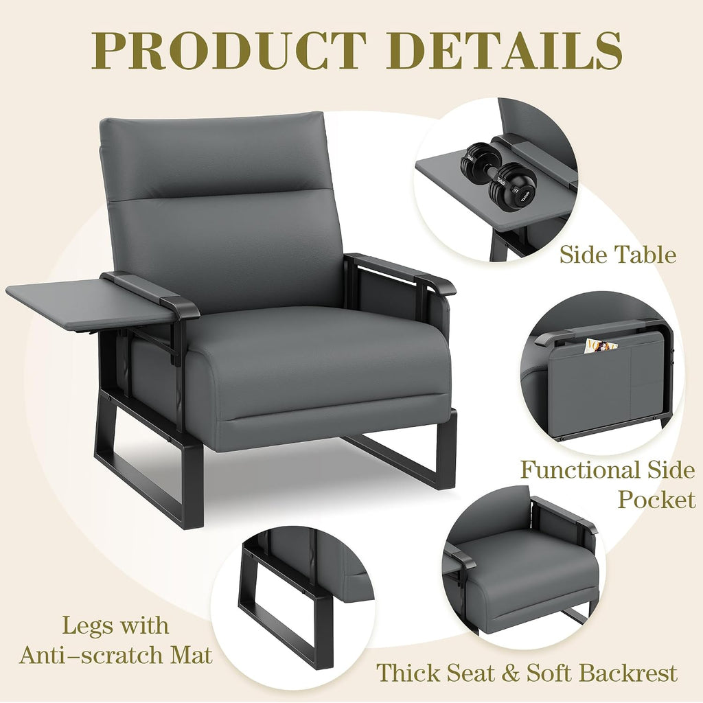 PU Leather Accent Chair Upholstered Armchair with Side Table Grey