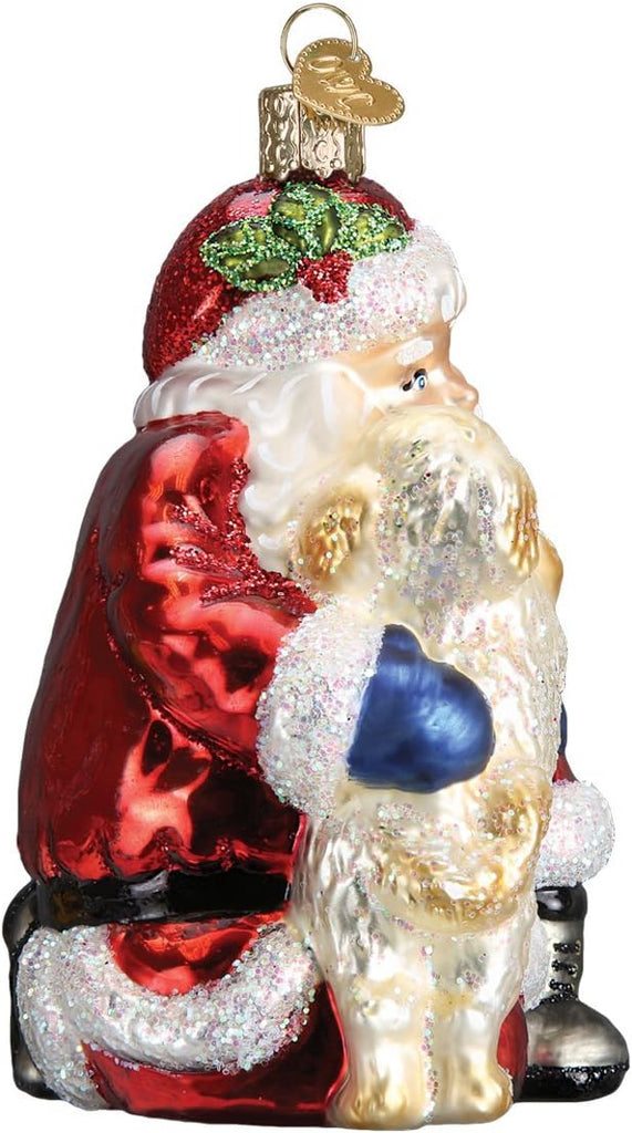Santa's Puppy Love Glass Blown Ornament, Handcrafted Holiday Decoration, Santa Collection