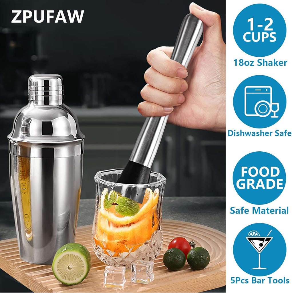 5-Piece Cocktail Shaker Set Shaker Strainer Jigger T-Mixing Spoon Muddler Bartender Kit Stainless Steel Bar Set - Set of 5