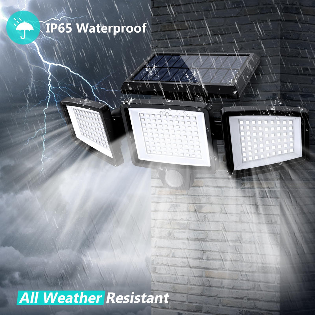 Solar Outdoor Lights 210 LED Security Lights with Remote Control, 3 Heads Motion Sensor Lights, IP65