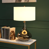 25" Modern 1-Light Table Lamp with White Fabric Drum Shade, or Office, Chromed Brass