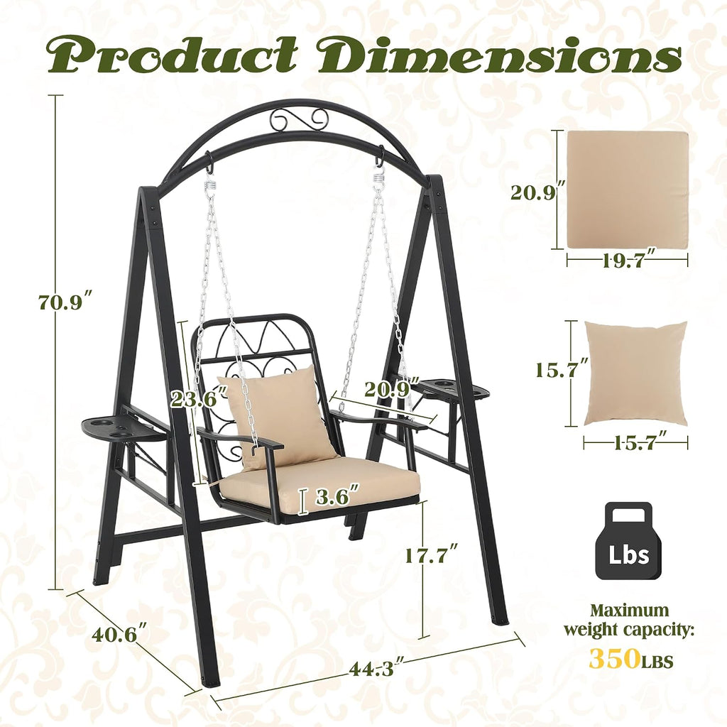 Porch Swing with Stand, Heavy-Duty Metal Patio Swing with Cup Holder | Outdoor Swings Chair for adults with Soft