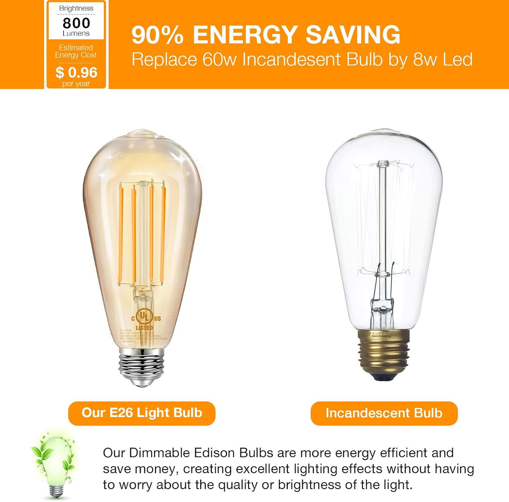 4 Pack Vintage LED Edison Bulbs, E26 Led Bulb 60W Equivalent, Dimmable Led Light Bulbs, High Brightness 800 LM Amber