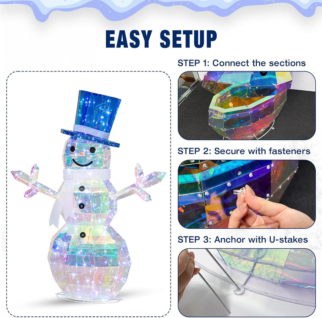 4 FT 2.5D Iridescent Prismatic Lighted Snowman, Outdoor Christmas Snowman Decoration with 100 Cool White LED Lights