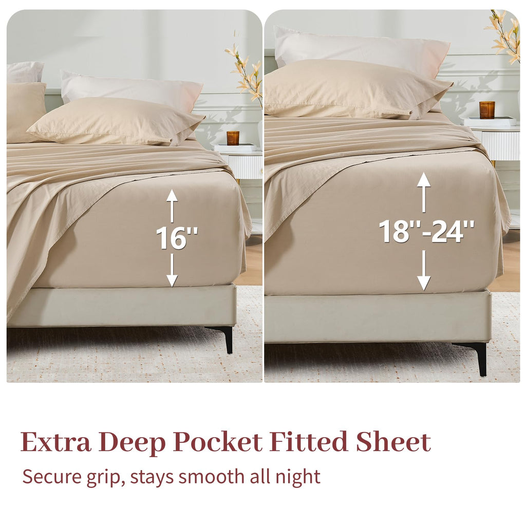 Stone Washed Linen Sheets, 4 Pcs, 16" Deep Pocket