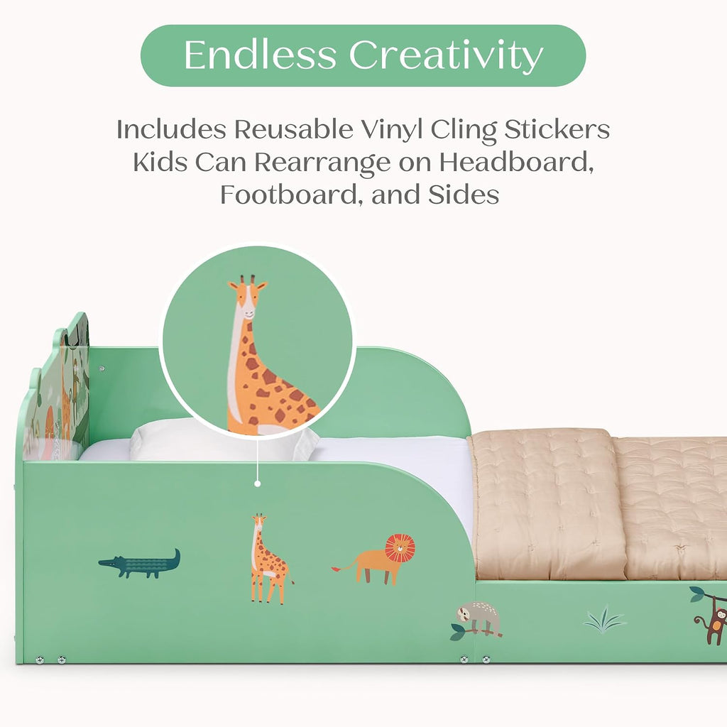 Safari Wood Floor Toddler Bed with Reusable Stickers, Green