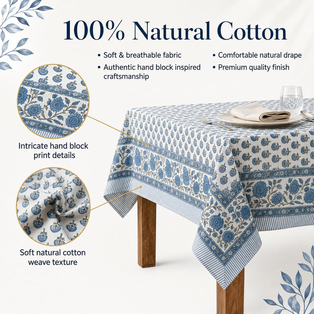 Cotton Rectangular Fall Tablecloth, Handblock Floral Linen Table Cloth Dining Table I Parties Weddings Outdoors